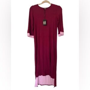 NWT Linear Asymmetrical Burgundy and Pink Stretchy Dress. Size XS